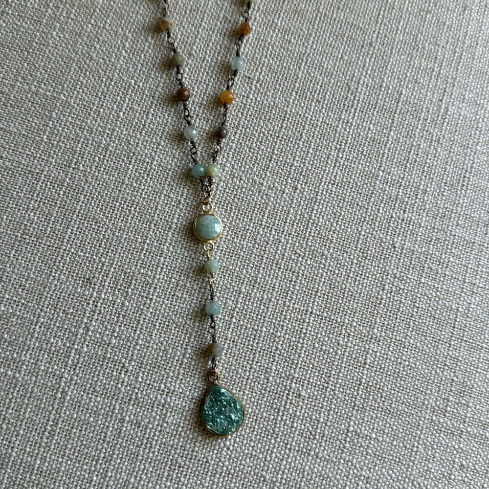 Amazonite Y necklace, green druzy drop pendant